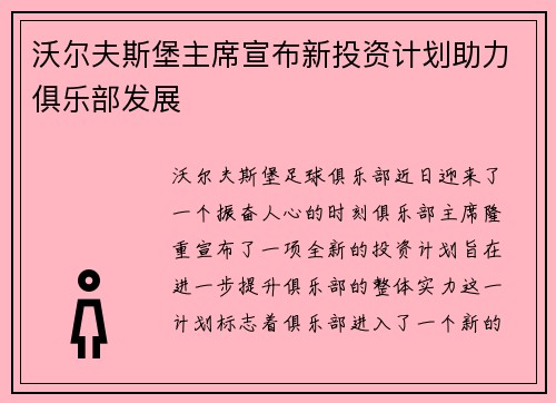 沃尔夫斯堡主席宣布新投资计划助力俱乐部发展