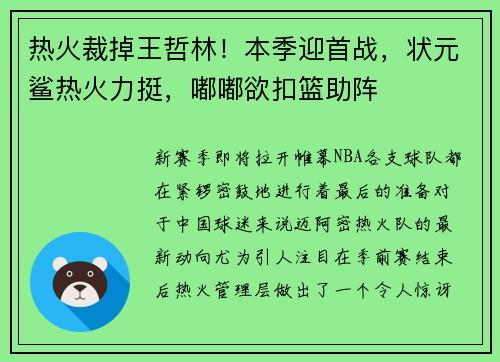热火裁掉王哲林！本季迎首战，状元鲨热火力挺，嘟嘟欲扣篮助阵