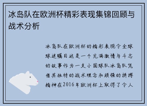 冰岛队在欧洲杯精彩表现集锦回顾与战术分析