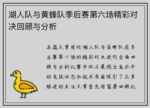 湖人队与黄蜂队季后赛第六场精彩对决回顾与分析