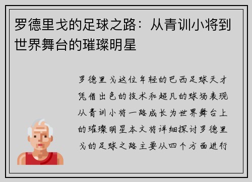 罗德里戈的足球之路：从青训小将到世界舞台的璀璨明星