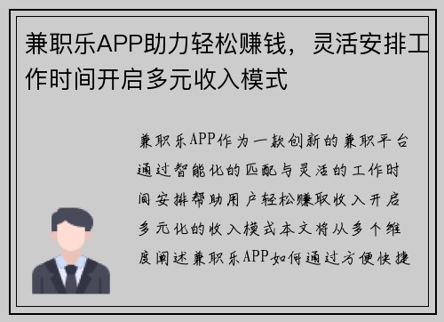 兼职乐APP助力轻松赚钱，灵活安排工作时间开启多元收入模式