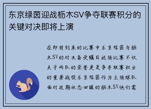 东京绿茵迎战枥木SV争夺联赛积分的关键对决即将上演