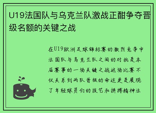 U19法国队与乌克兰队激战正酣争夺晋级名额的关键之战