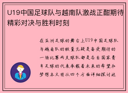 U19中国足球队与越南队激战正酣期待精彩对决与胜利时刻