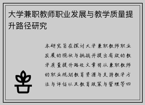 大学兼职教师职业发展与教学质量提升路径研究