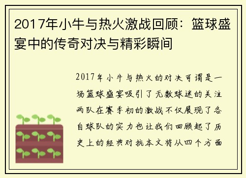2017年小牛与热火激战回顾：篮球盛宴中的传奇对决与精彩瞬间