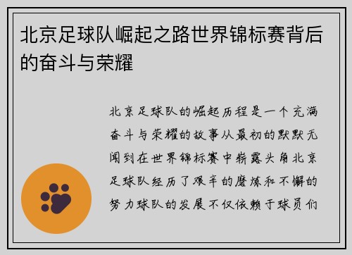北京足球队崛起之路世界锦标赛背后的奋斗与荣耀
