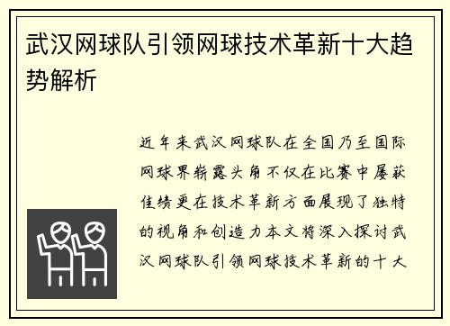 武汉网球队引领网球技术革新十大趋势解析