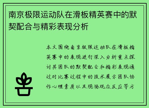 南京极限运动队在滑板精英赛中的默契配合与精彩表现分析