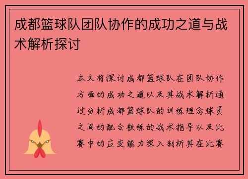 成都篮球队团队协作的成功之道与战术解析探讨