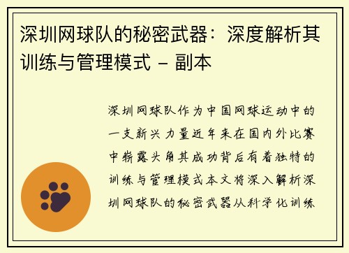 深圳网球队的秘密武器：深度解析其训练与管理模式 - 副本