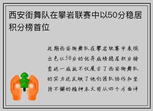 西安街舞队在攀岩联赛中以50分稳居积分榜首位