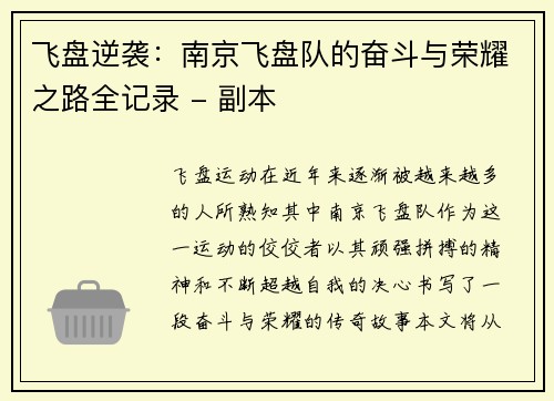 飞盘逆袭：南京飞盘队的奋斗与荣耀之路全记录 - 副本