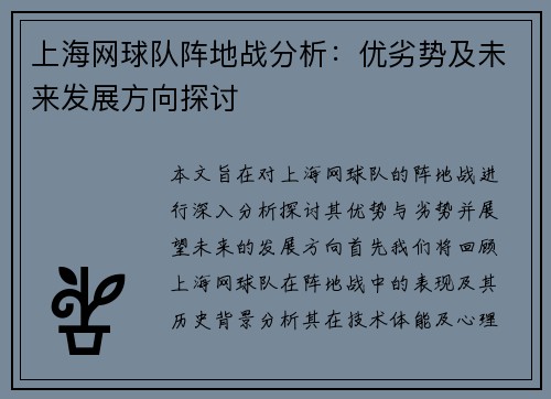 上海网球队阵地战分析：优劣势及未来发展方向探讨